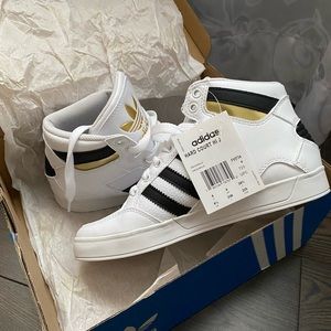 Adidas White/Black/Gold Hard Court High Tops